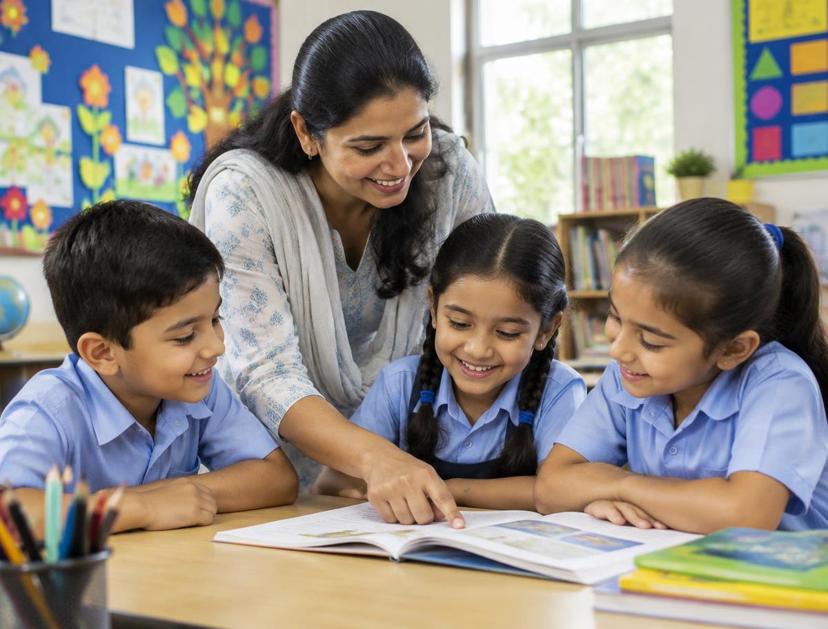 A teacher guiding young learners in a classroom