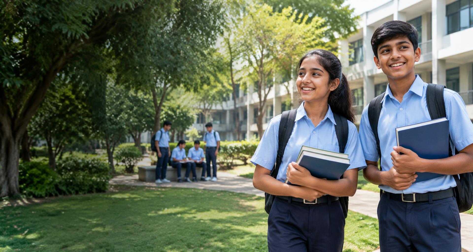 Students enjoying a bright day on a school campus